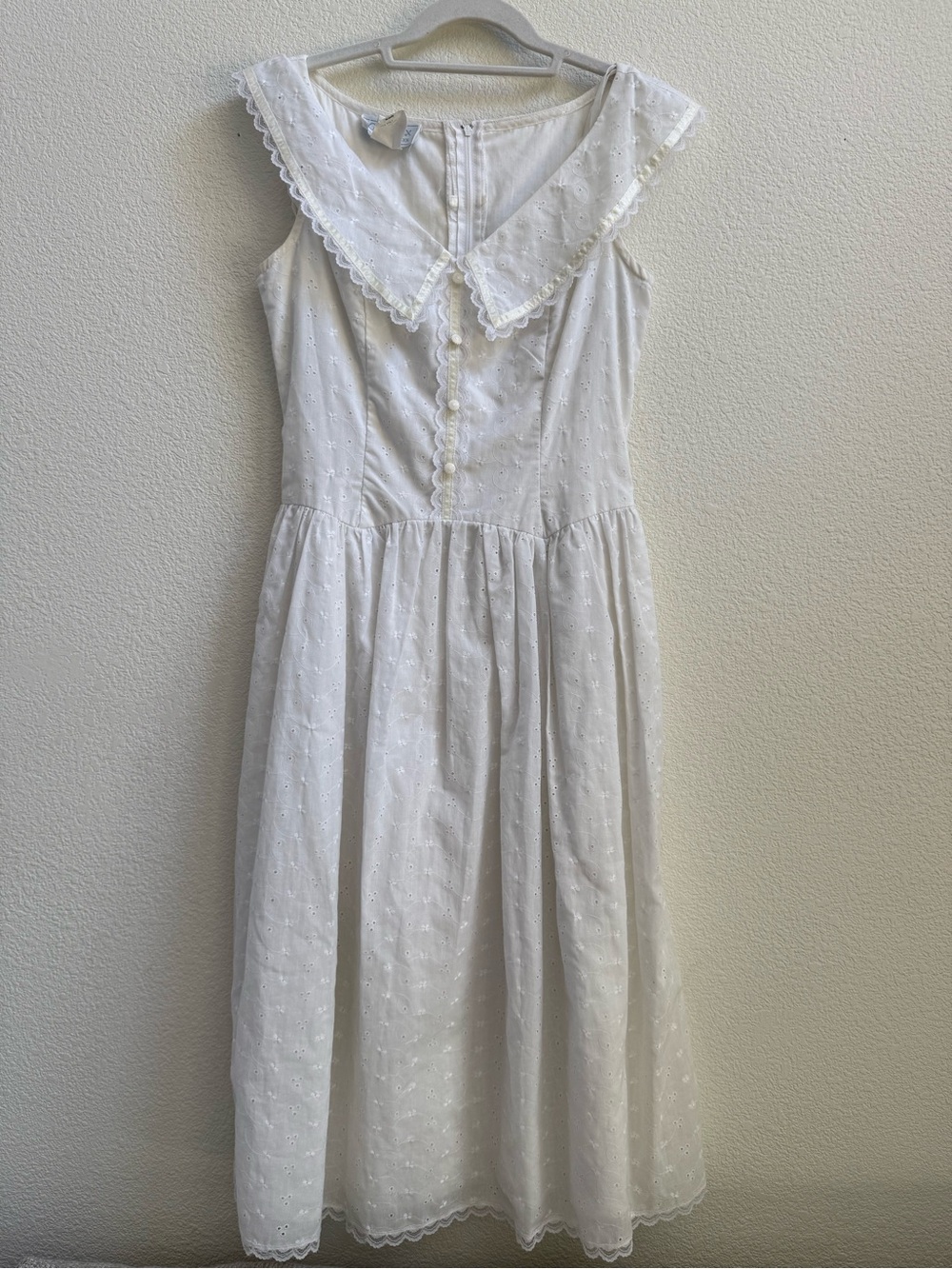 Vintage Gunne Sax White Eyelet Prairie Maxi Dress Sailor Collar Women's 9/10